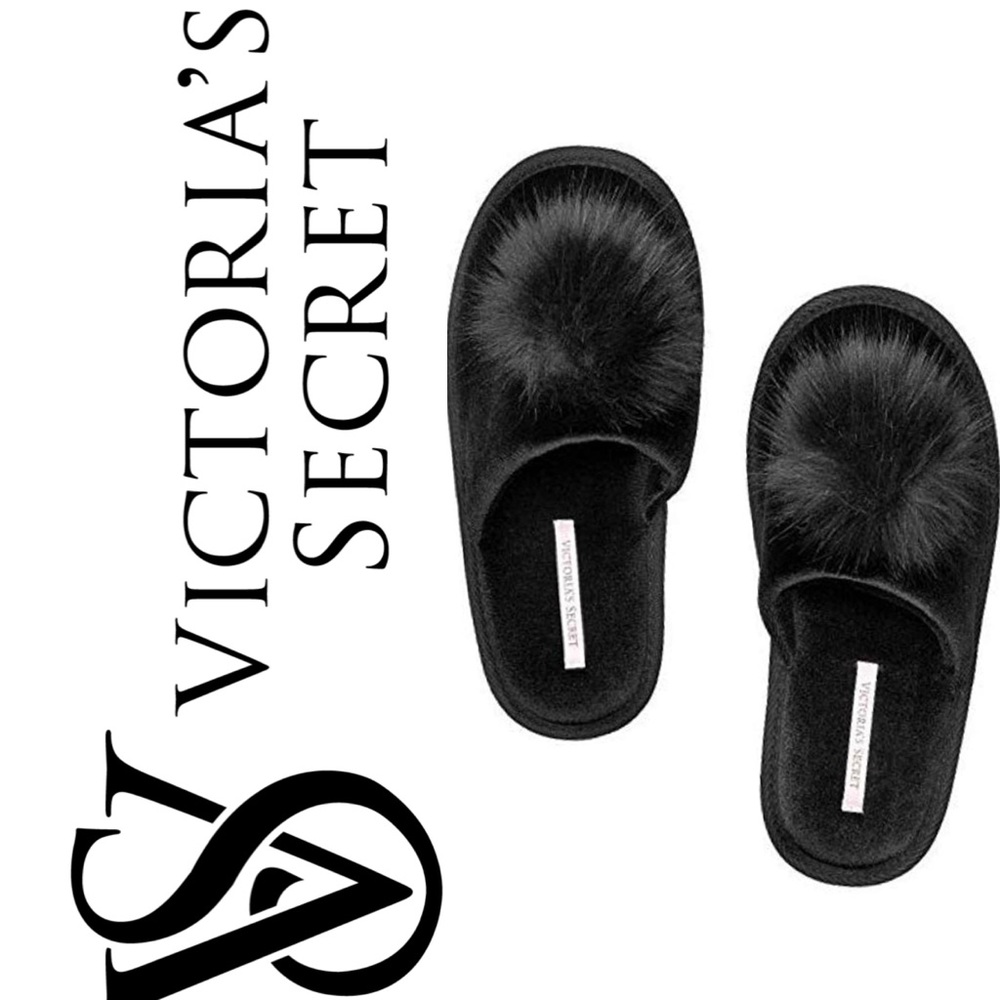 New Victoria’s Secret Black Pom Pom Slide on Slipper House Shoes